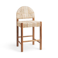 A wooden bar stool with a woven natural fiber seat and backrest, shown on a clean white background.