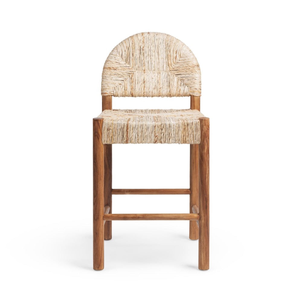 A wooden counter stool with a woven natural fiber seat and backrest, shown against a plain white background.
