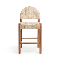 A wooden counter stool with a woven natural fiber seat and backrest, shown against a plain white background.