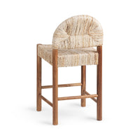 A wooden counterstool with a woven natural-fiber seat and curved backrest, shown on a clean white background.