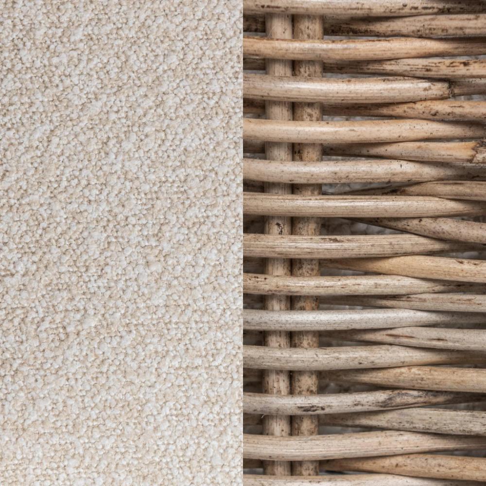 A close-up split view showing two material textures: a left side with a dense, short-pile textured fabric in warm off-white/beige, and a right side with a woven wicker or rattan pattern in natural tan and brown tones.
