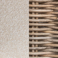 A close-up split view showing two material textures: a left side with a dense, short-pile textured fabric in warm off-white/beige, and a right side with a woven wicker or rattan pattern in natural tan and brown tones.