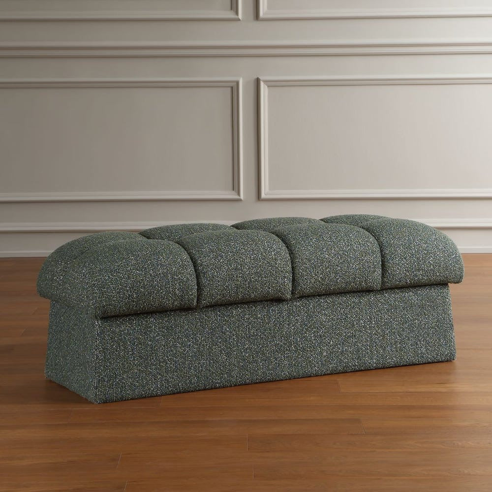 Moss Green upholstered bench against a neutral wall with wooden flooring