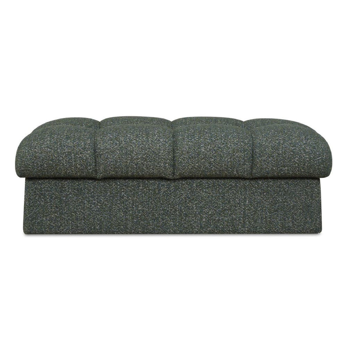 A dark moss green and blue tufted upholstered bench or ottoman with a segmented cushioned top and a solid base, shown against a plain white background.