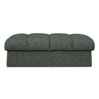 A dark moss green and blue tufted upholstered bench or ottoman with a segmented cushioned top and a solid base, shown against a plain white background.