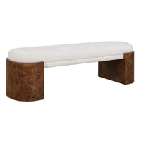 Bench with white cushion and brown wooden legs on a white background