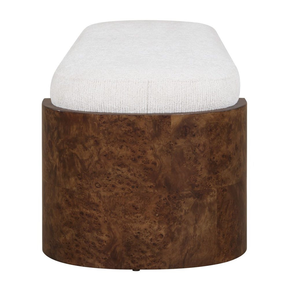 Stool with white cushioned top and brown wooden base on a white background