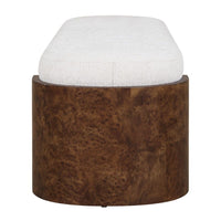Stool with white cushioned top and brown wooden base on a white background