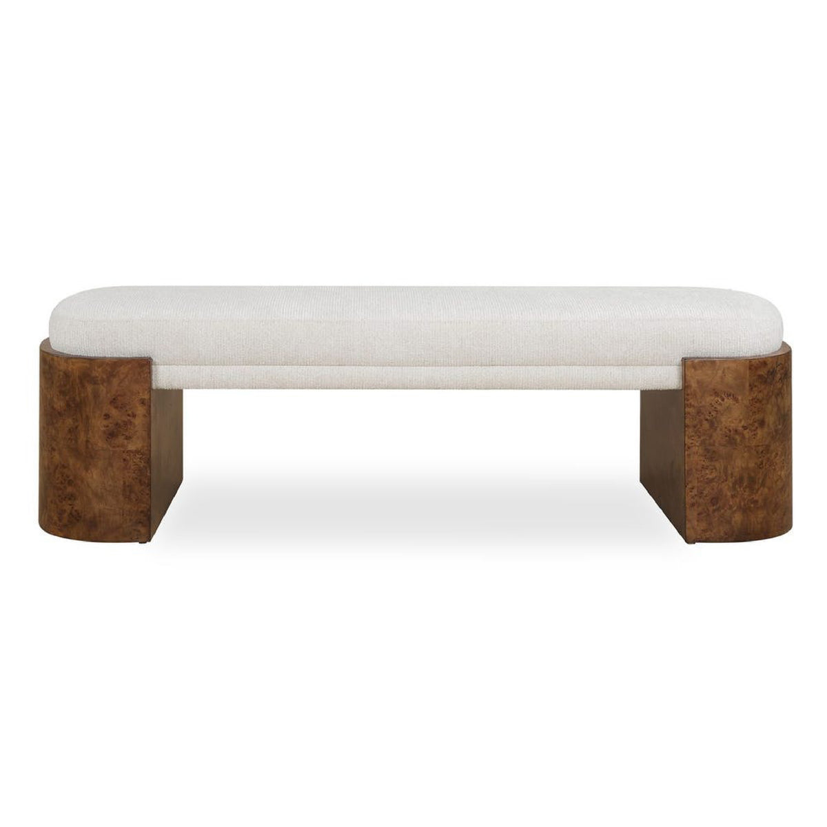 A modern upholstered bench with a light beige fabric seat and textured brown block legs, shown against a plain white background.