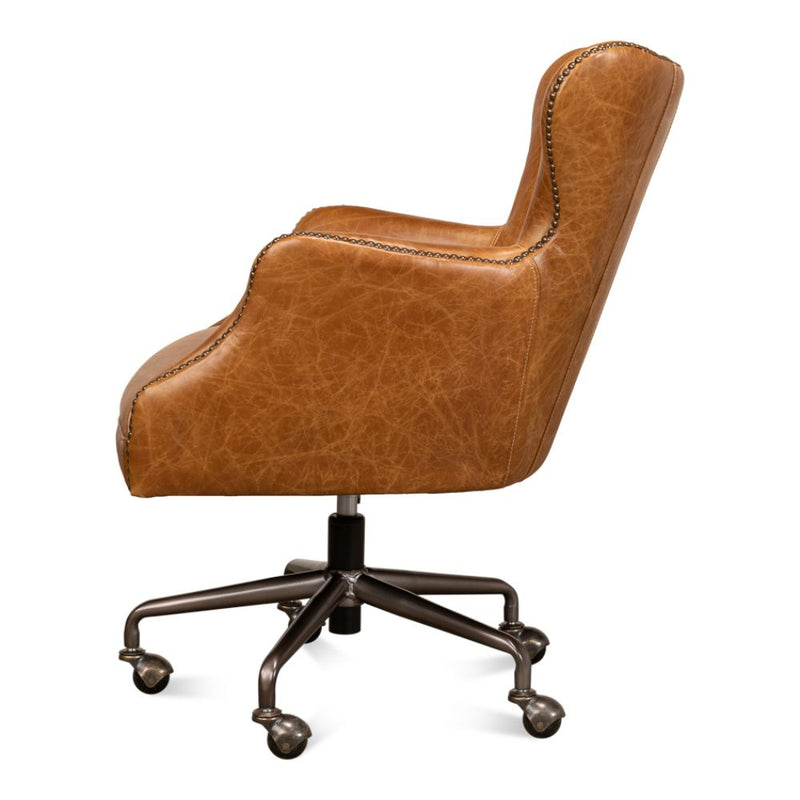 brown leather wing desk chair casters