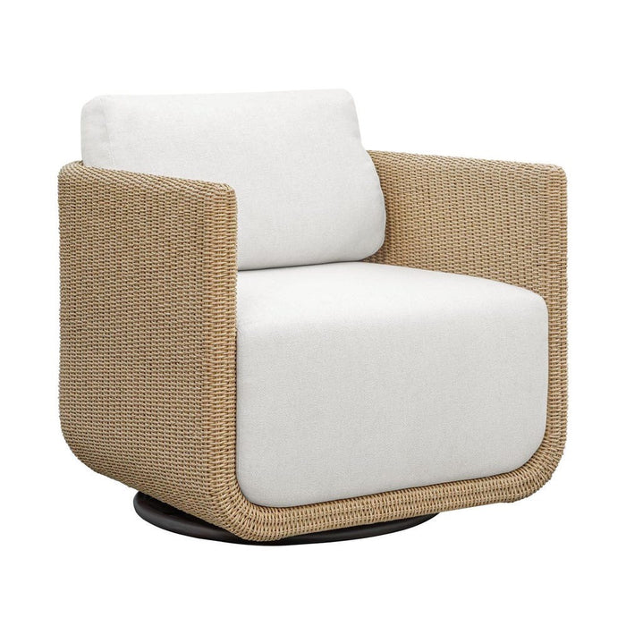 Modern armchair with beige woven frame and white cushions on a white background