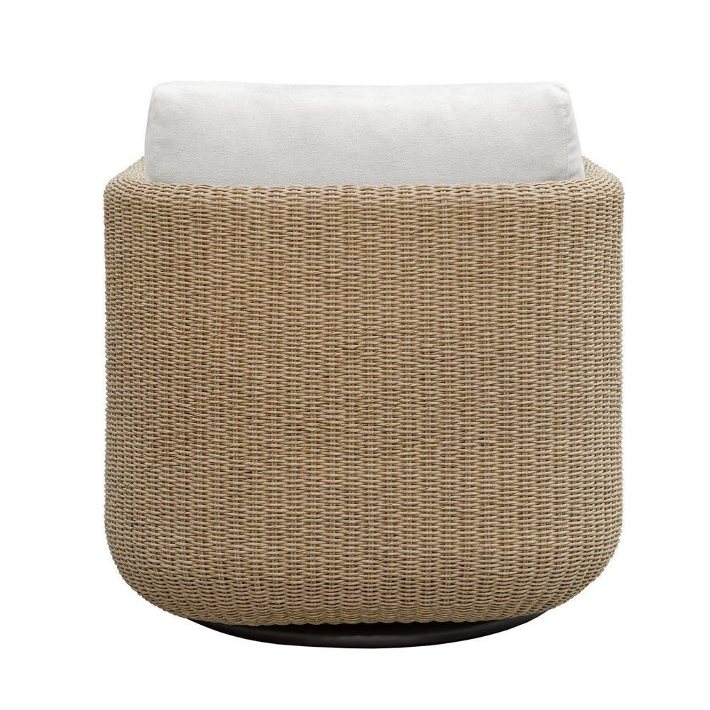 Round woven backside swivel chair with a white cushion on a white background