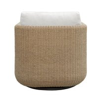 Round woven backside swivel chair with a white cushion on a white background