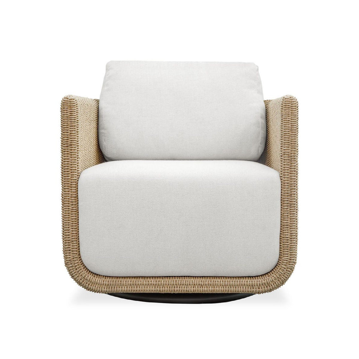Chair with woven frame and white cushion on a white background