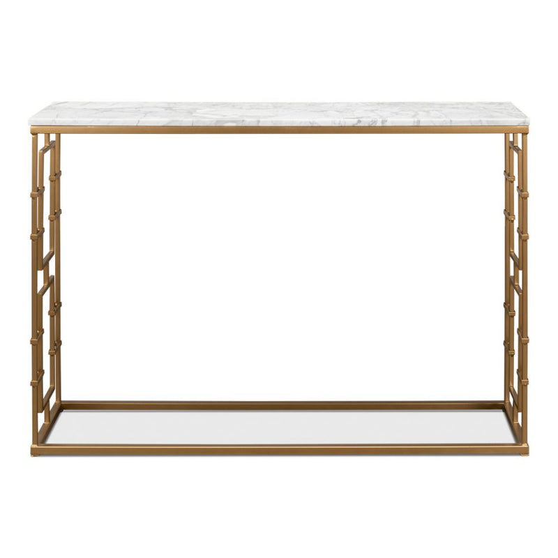 console table sofa table gold iron gate base white marble grey veins
