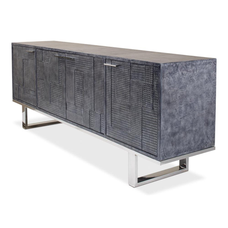 blueish grey leather credenza stainless steel finished iron base contemporary
