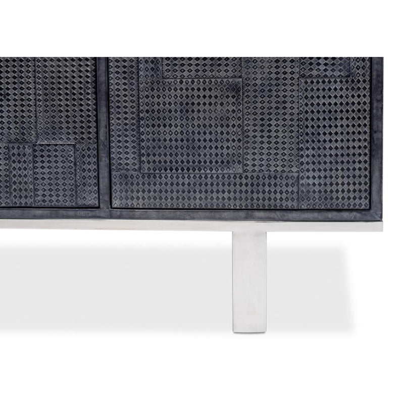 blueish grey leather credenza stainless steel finished iron base contemporary