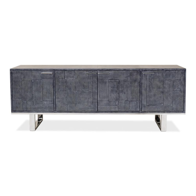 blueish grey leather credenza stainless steel finished iron base contemporary