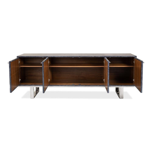 blueish grey leather credenza stainless steel finished iron base contemporary