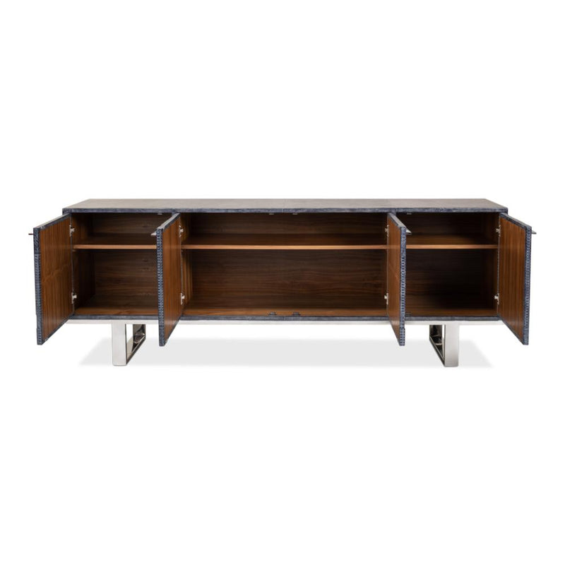 blueish grey leather credenza stainless steel finished iron base contemporary