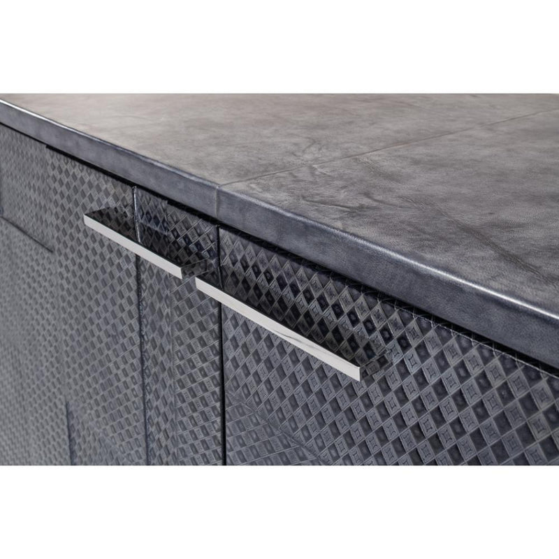 blueish grey leather credenza stainless steel finished iron base contemporary