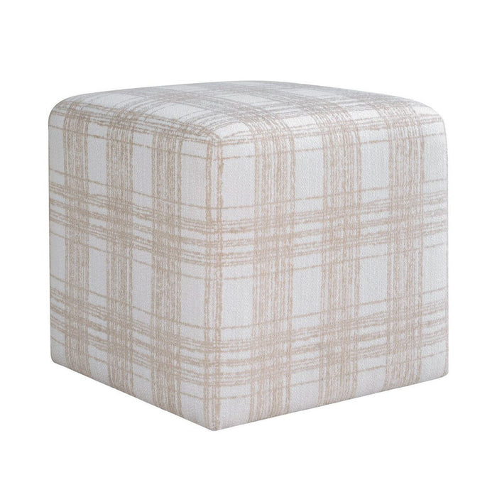 A square upholstered ottoman with a subtle plaid pattern in beige and off-white, shown on a plain white background.