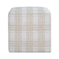 A square upholstered ottoman with a subtle plaid pattern in beige and off-white, shown against a plain white background.