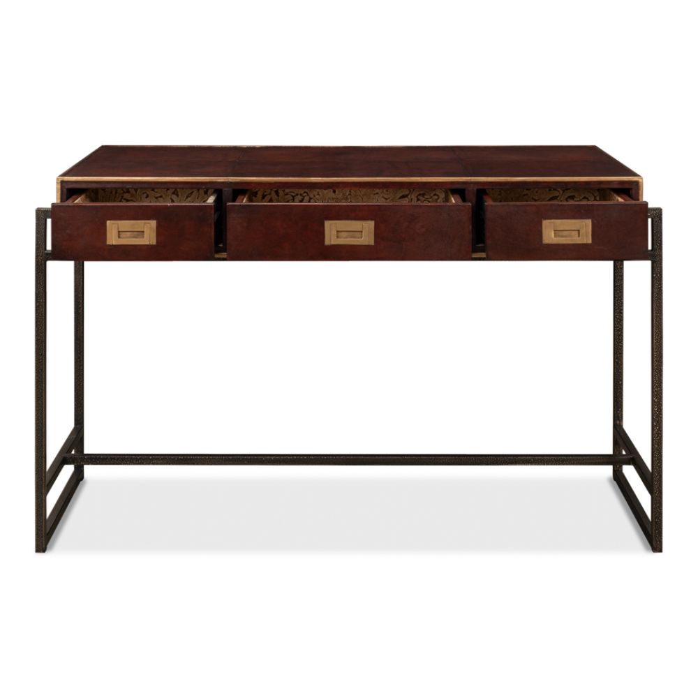 brown leather brass 3-drawer desk iron frame