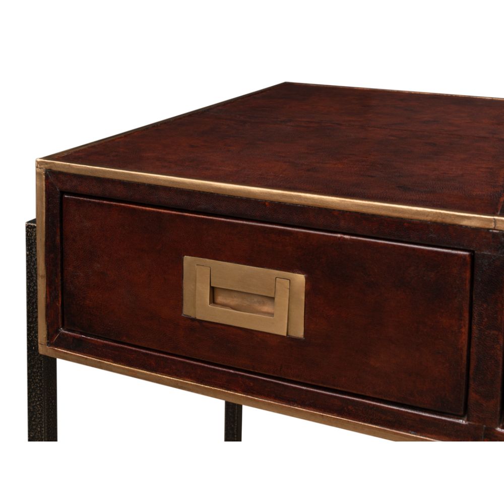brown leather brass 3-drawer desk iron frame