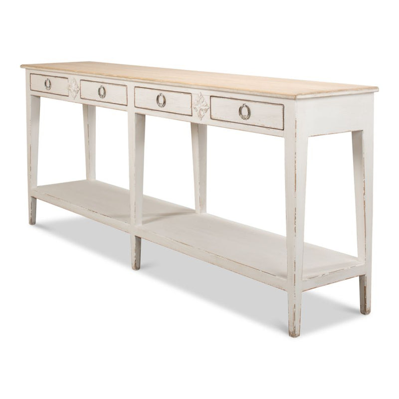 wide wood console table natural top distressed white base lower shelf four drawers six legs
