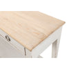 wide wood console table natural top distressed white base lower shelf four drawers six legs