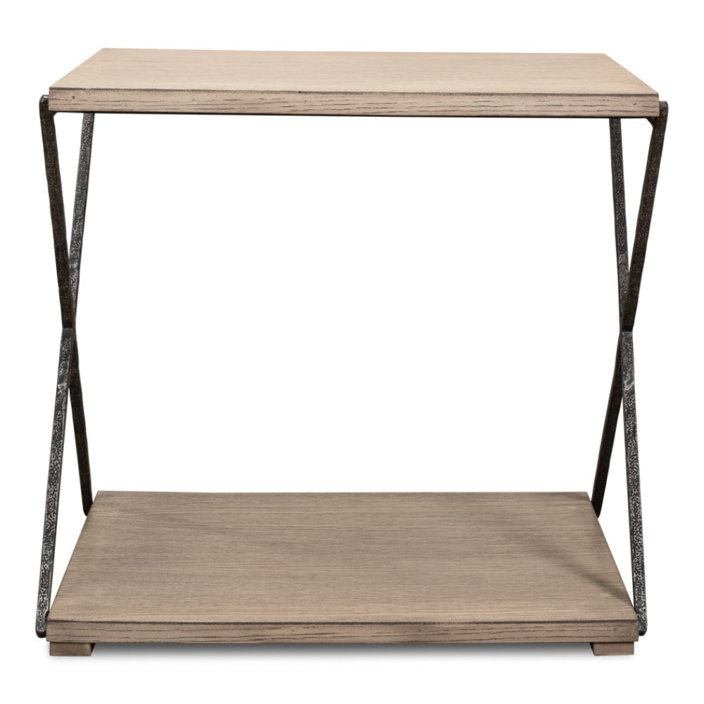 pine veneer hand forged iron pine finish side table