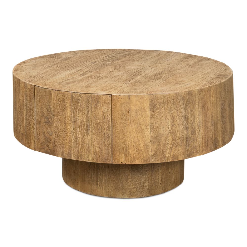 round coffee table two hidden drawers tan wheat finish