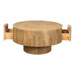 round coffee table two hidden drawers tan wheat finish