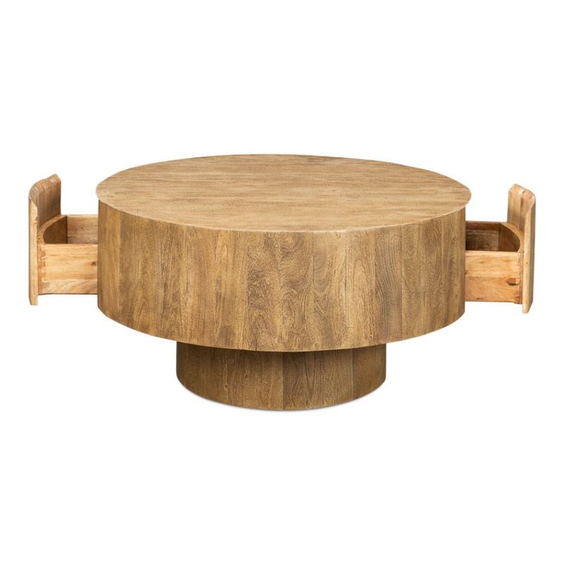 round coffee table two hidden drawers tan wheat finish