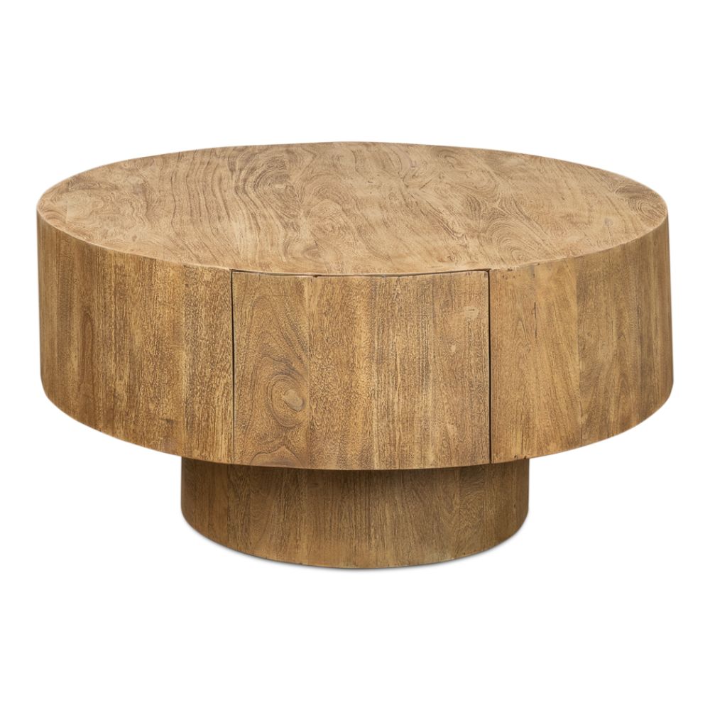 round coffee table two hidden drawers tan wheat finish