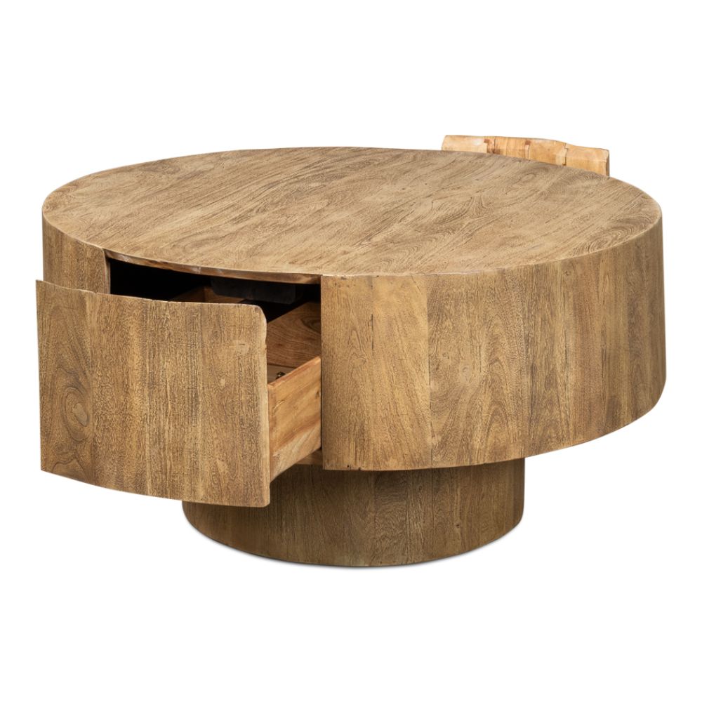 round coffee table two hidden drawers tan wheat finish