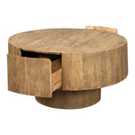 round coffee table two hidden drawers tan wheat finish