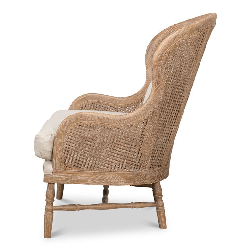 white wash oak frame caning natural linen cushions wing back chair