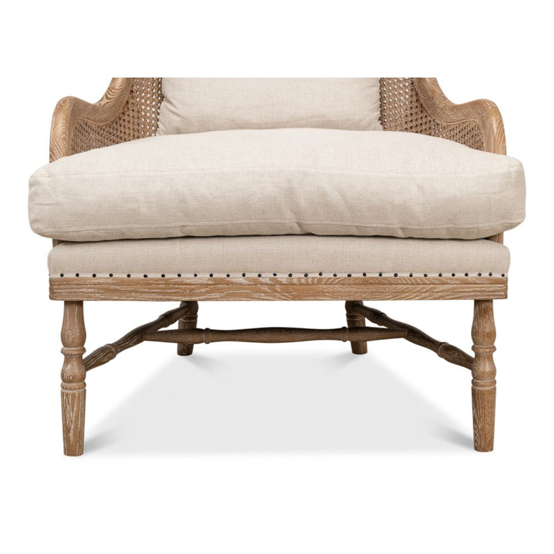 white wash oak frame caning natural linen cushions wing back chair