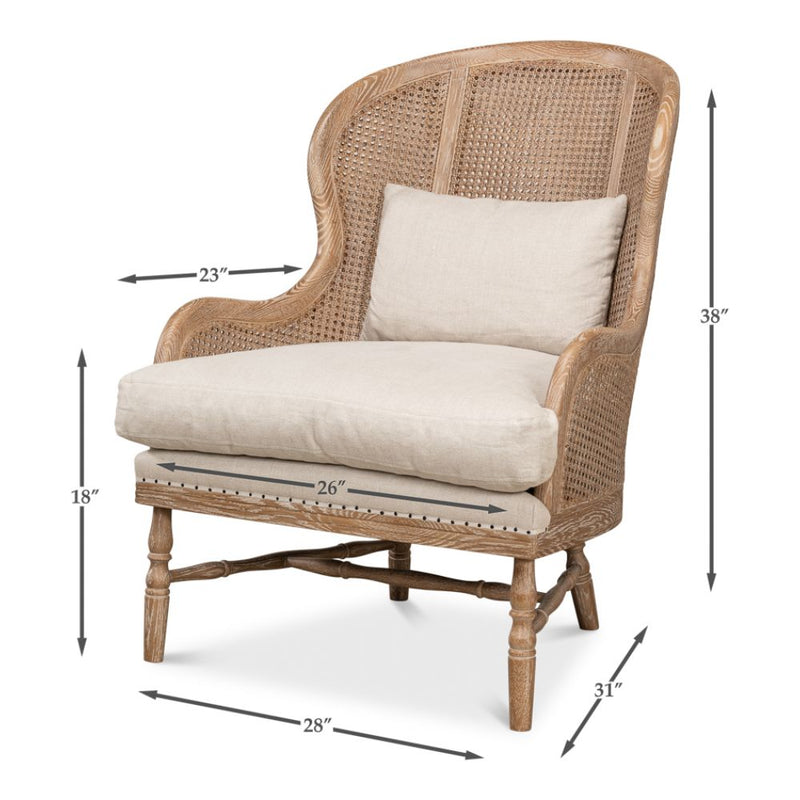 white wash oak frame caning natural linen cushions wing back chair