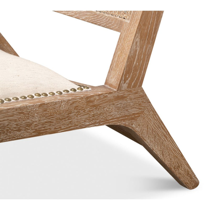 caned back white washed oak frame chair padded cream cushioned seat supportive back pillow