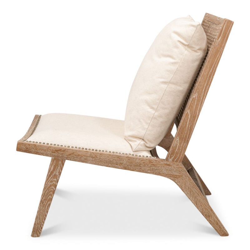 caned back white washed oak frame chair padded cream cushioned seat supportive back pillow