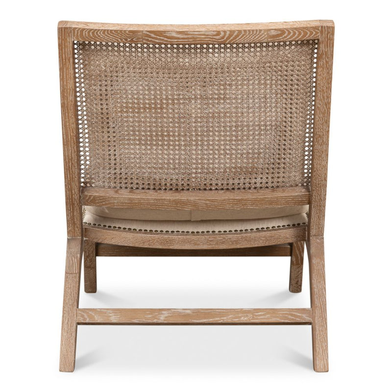 caned back white washed oak frame chair padded cream cushioned seat supportive back pillow