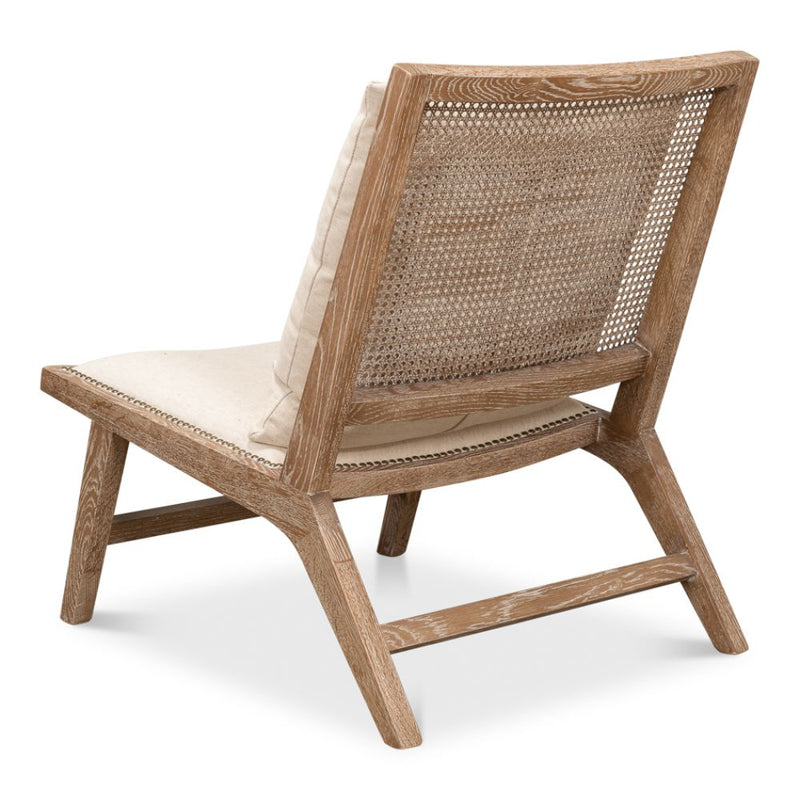 caned back white washed oak frame chair padded cream cushioned seat supportive back pillow