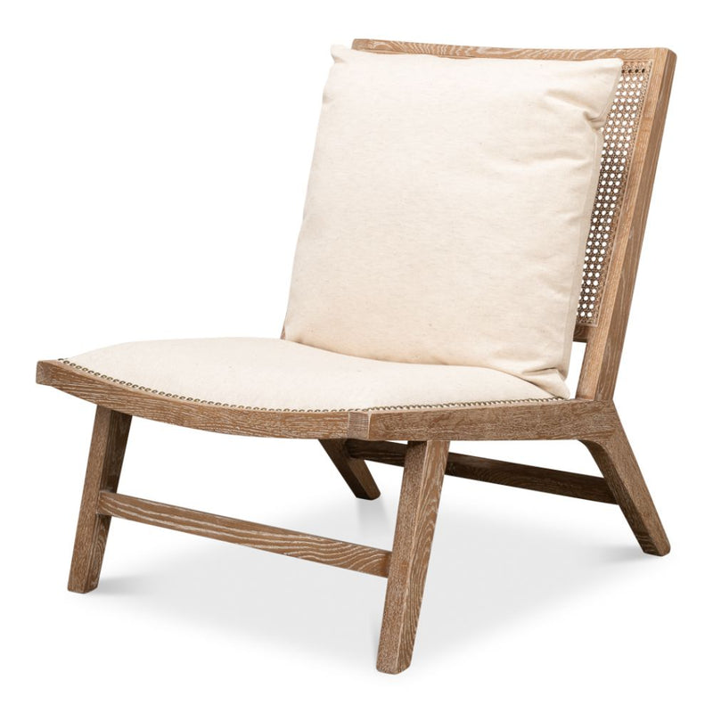 caned back white washed oak frame chair padded cream cushioned seat supportive back pillow