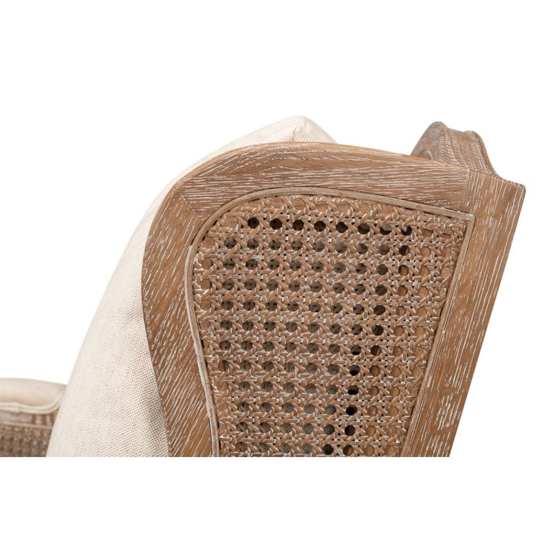 white wash oak frame caning natural linen cushions armchair
