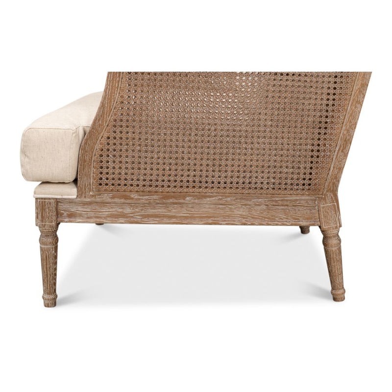 white wash oak frame caning natural linen cushions armchair