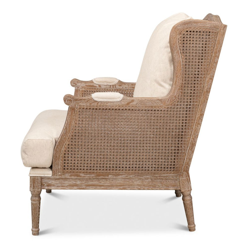 white wash oak frame caning natural linen cushions armchair