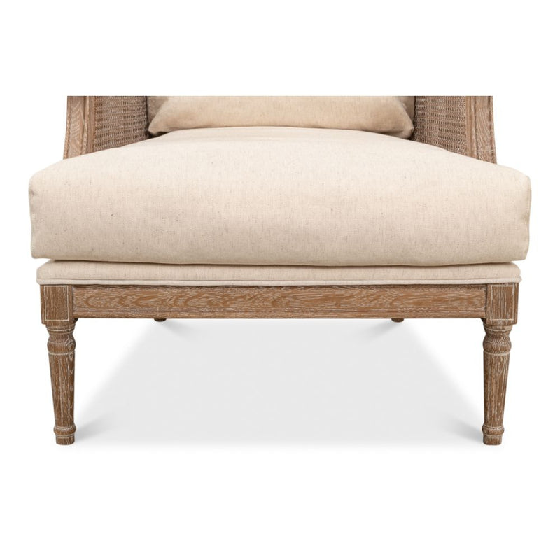 white wash oak frame caning natural linen cushions armchair
